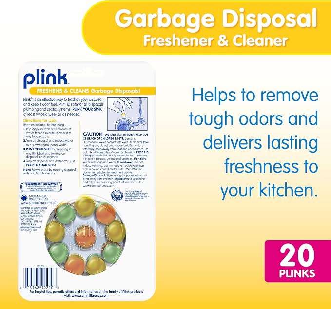 Plink Garbage Disposer Freshener and Cleaner, Sink Disposal Odor Eliminator, Quick and Easy-to-Use Capsules, Septic-Friendly, Citrus Scents, 20 Count Package