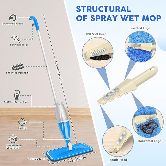 Spray Mop for Hardwood Floors Cleaning: Microfiber Wet Mops Lightweight | 4 Washable Pads for Swiffer PowerMop, Floor Mop Dust Dry Mop, Flat Mop with Sprayer, for Kitchen Tile Wood Laminate Vinyl