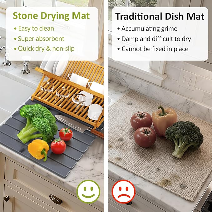 Large Stone Dish Drying Mat for Kitchen Counter, 24"(L)×16"(W), Collapsible Quick Dry Stone Dish Mats, Super Absorbent Diatomaceous Earth Drying Pad for Dishes Bottles Cups, Countertops (Marble)