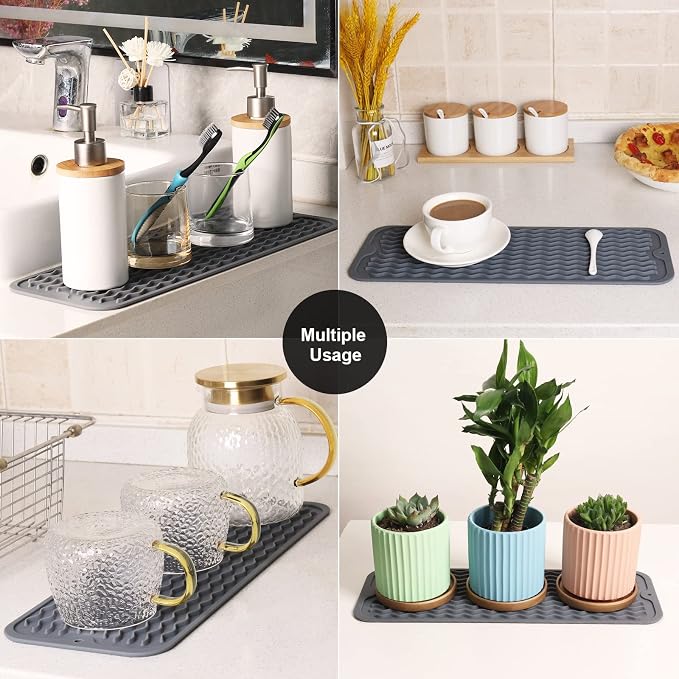 ZLR 2 Pcs Small Dish Drying Mat (6" x 17" / 153 x 433mm) - Narrow Silicone Drainer for Kitchen Counter, Apartment & RV - Compact Sponge Holder & Sink Caddy Tray, Non-Slip Food-Grade (Dark Gray)