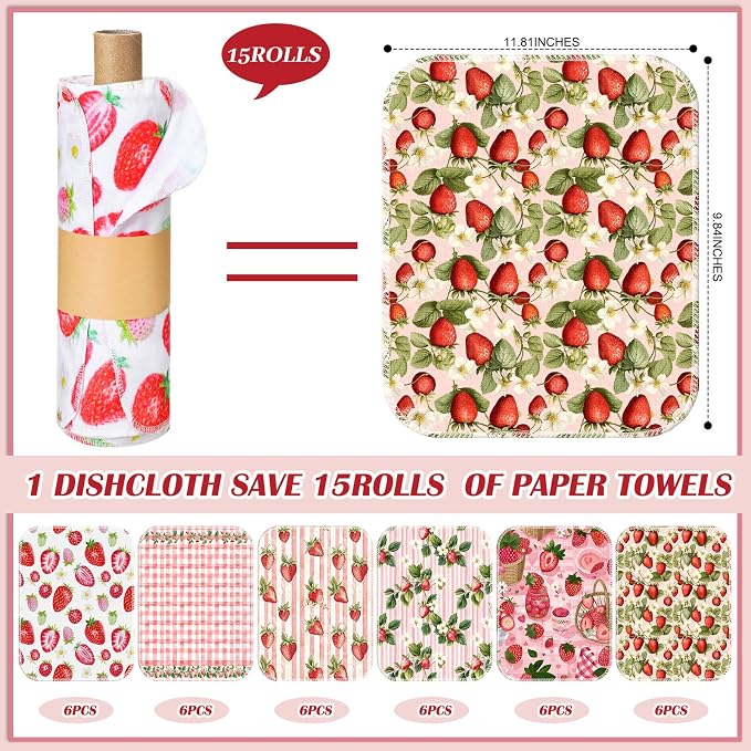 36 Pack Reusable Cleaning Cloths Washable Cotton Kitchen Dish Towels for Home Party Supplies Bulk, 9.84x11.81in (Strawberry)
