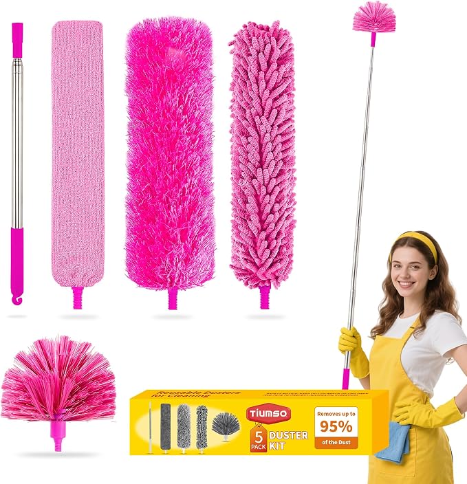Tiumso 5-in-1 Duster with Extension Pole 100 inch Extendable Dusters for Cleaning Anti-Spin Reusable Dusting Kits for High Ceiling Fans, Cobwebs & Vents, Reinforced Stainless Steel Telescopic Handle