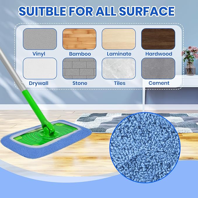 6 Pack Reusable Microfiber Mop Pads - Compatible with Sweeper, Reusable Mop Pads, Washable Dry Cloths & Wet Pads Refill for Hardwood Laminate Tile Floor Cleaning (6, Blue, M)
