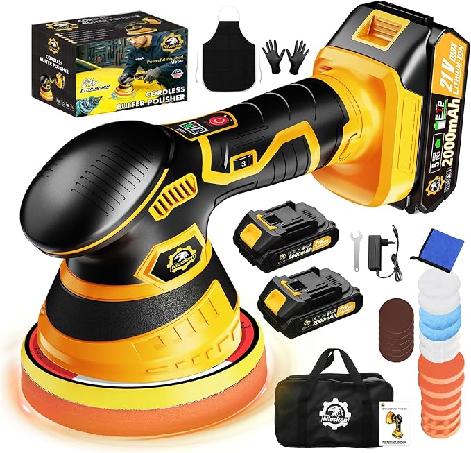 Cordless Car Buffer Polisher kit, DA Polisher with 2*21V Batteries | 2x 21V 2000mAh Batteries, 6-speed, LED Display, Random Orbital, 18 pcs Assorted Polishing Pads for Car Detailing-Yellow