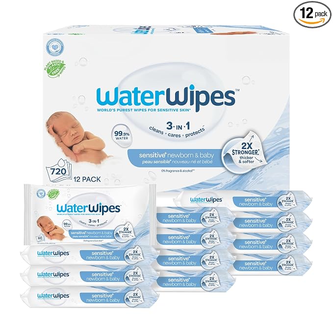 WaterWipes Sensitive+ Newborn & Baby Wipes, 3-In-1 Cleans, Cares, Protects, 99.9% Water, Unscented & Hypoallergenic, 720 Count (12 Packs)