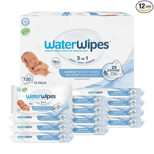 WaterWipes Sensitive+ Newborn & Baby Wipes, 3-In-1 Cleans, Cares, Protects, 99.9% Water, Unscented & Hypoallergenic, 720 Count (12 Packs)
