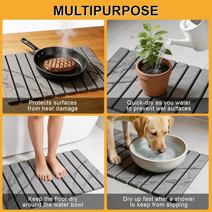 Stone Dish Drying Mat for Kitchen Counter, 24"×16" Quick Dry Stone Dishes Mat, Foldable Water Absorbing Diatomaceous Earth Drying Mats with Non-Slip Heat-Resistant Base for Dishes Utensils(Dark Gray)