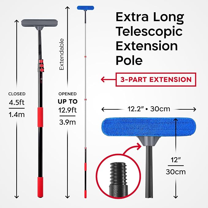 20 Feet High Reach Professional Window Squeegee with Extension Pole 5-13ft | | Squeegee for Window Cleaning Kit | Outdoor Window Cleaner Tool | Windows Washing Kit with Extension Pole