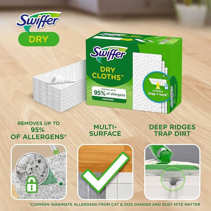 Swiffer Sweep + Mop,Dry Pads Refill,Floor Cleaner for Dirt,Dust,Hair,Cleaning Cloths for Mopping Home,Bathroom,Kitchen,Dust Mop,Floor Duster,Unscented,52ct,(Pack of 3)