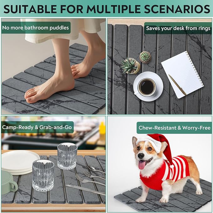 Stone Drying Mat for Kitchen Counter, Quick Diatomaceous Earth Mats for Dishes, Super Absorbent Fast Drying Collapsible Countertop Stone Mat , for Dishes Bottles Cups Bathroom ,24"(L)×16 (W)