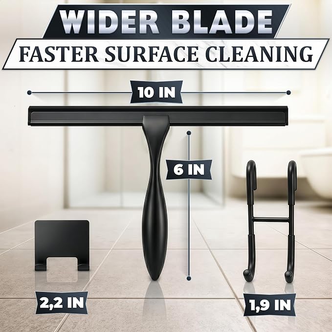 Black Squeegee for Shower Glass, 10" Silicone Blade, Stainless Steel | Shower Door Squeegee with Hook, Adhesive Mount; All-Purpose Bathroom Tile, Mirror, & Window Wiper for Streak-Free Cleaning
