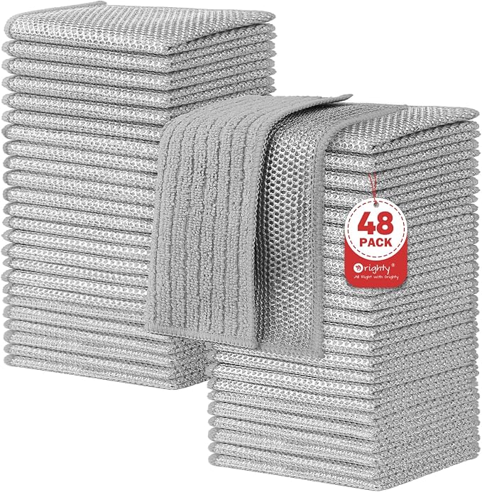 Orighty Multipurpose Wire Dishwashing Rag, 48 Pcs Upgraded Double-Layer Non-Scratch Wire Dish Cloths, Reusable Steel Scrubber Dishcloth Rags for Kitchen, Cookware, 7"x8", Grey