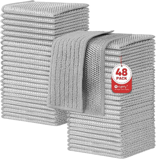 Orighty Multipurpose Wire Dishwashing Rag, 48 Pcs Upgraded Double-Layer Non-Scratch Wire Dish Cloths, Reusable Steel Scrubber Dishcloth Rags for Kitchen, Cookware, 7"x8", Grey