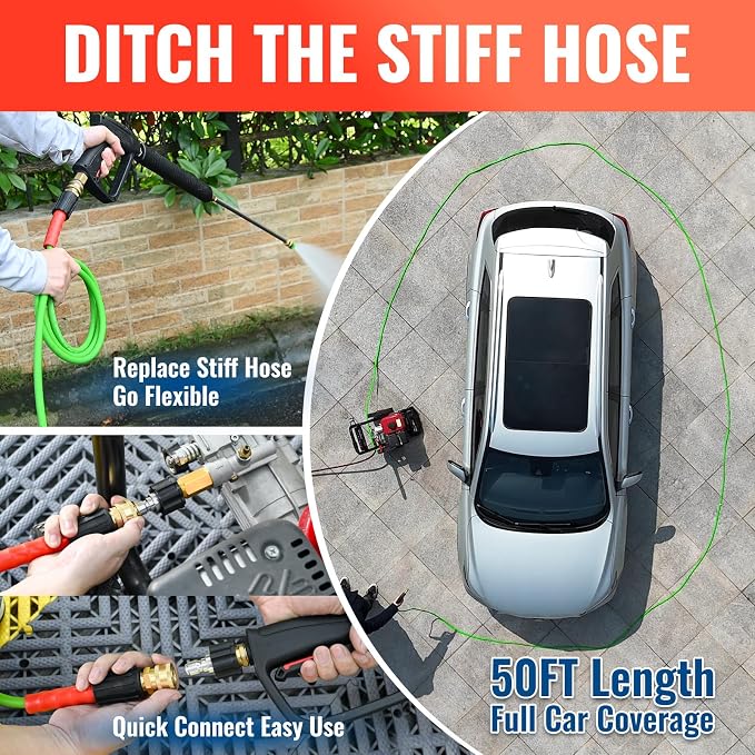 YAMATIC Super Flexible Pressure Washer Hose 50FT for Power Washer Replacement, Kink Resistant Extension With Leak-Free M22 Female & 3/8" Quick Connect Adapters, 1/4" 3200 PSI, Green