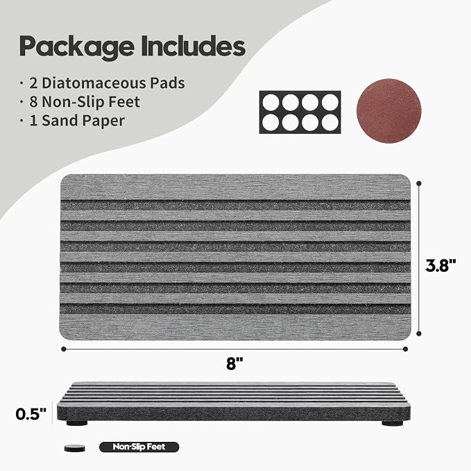 Razborci 2PCS Diatomite Quick Stone Drying Tray Mat For Bathroom & Kitchen Counter, Instant Dry Water Absorbent Drink Bar Coaster,Vanity Sink Caddy Organizer,Dish Soap Sponge Holders, Charcoal,8"x3.8"