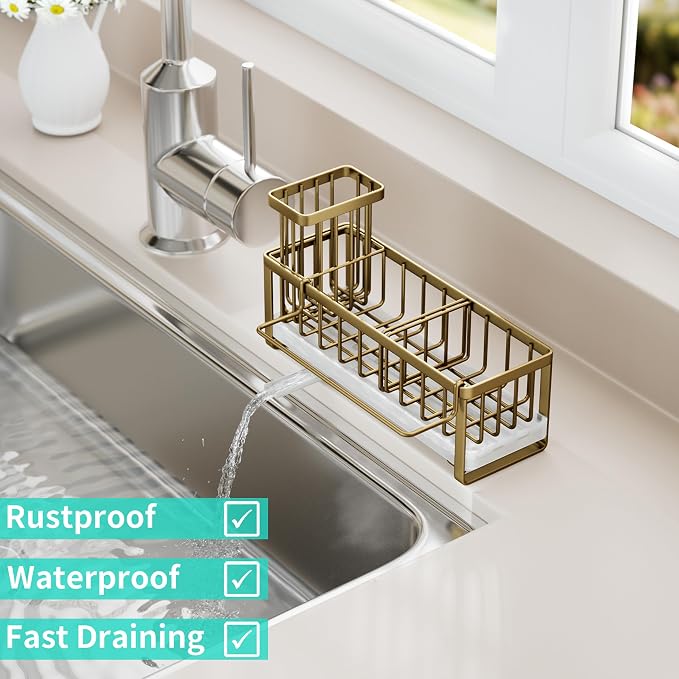 HapiRm Sponge Holder for Kitchen Sink - Self-draining Sink Caddy with Brush and Dishcloth Holders, Stainless Steel Kitchen Countertop Organizers and Storage Essentials - Dark Gold
