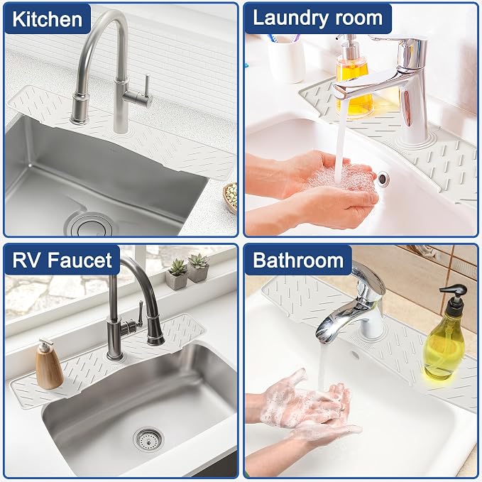 Faucet Mat for Kitchen Sink – 24” x 5.1” Extra-Long Silicone Splash Guard with 10° Slope & Upgraded Drainage – Gen 3 Sink Water Catcher & Sponge Holder for Kitchen, Bathroom (White)