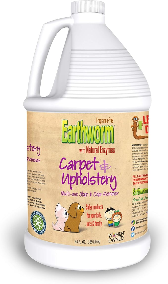 Earthworm Carpet & Upholstery Cleaner Multi-Use Stain & Odor Remover - Natural Enzymes, Safer for Family, Environmentally Responsible - 64 oz