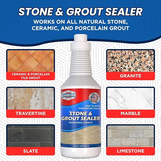 Clean-EEZ Grout Sealer - Protect Your Floors and Showers from Stains - Natural Stone Safe - Water and Oil Shield - Large 32 oz Bottle