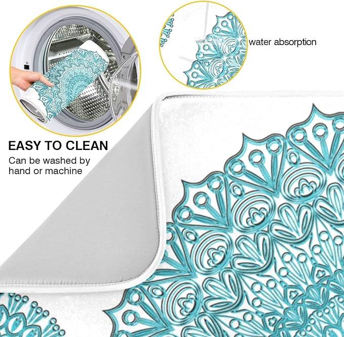 Super Absorbent Dish Drying Mat, Microfiber Fast-Drying Dish Mat, 16" x 18", Kitchen Dish Drying Pad, Boho Ethnic Turquoise Mandala