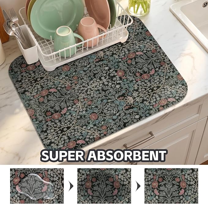 Boho Dish Drying Mat for Kitchen Counter,Vintage Botanical Floral Farmhouse Absorbent Microfiber Reusable Washable Non-Slip Dish Drainer Draining Mats Dishes Pad for Kitchen Decor 18x16 Inch