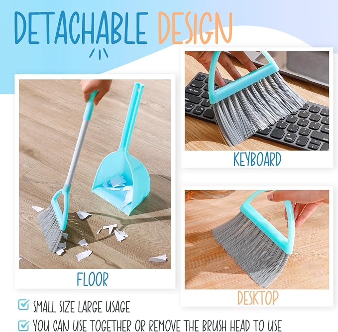 Roshtia 2 Pcs Mini Broom with Dustpan for Kids Broom and Dustpan Set Toddler Cleaning Set Boys Girls Small Cleaning for Kitchen Bathroom Pet (Blue,Red)