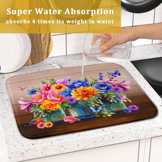 Colorful Flowers Dish Drying Mat for Kitchen Counter 16x18in Spring Summer Flower Vases Dish Mat Drying Absorbent Microfiber Dish Drainer Rack Mats Botanical Floral Dishes Pad for Countertops