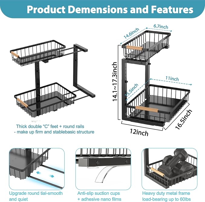 Liuoud Under Sink Organizer 2 Pack, 2 Tier Slide Out Large Capacity Height Adjustable Under Sink Organizers and Storage for Kitchen Bathroom Cabinet, Black