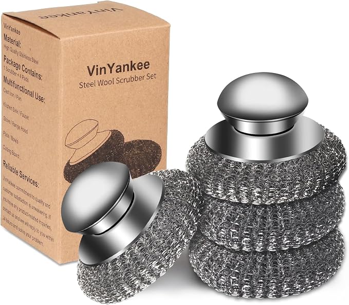4pcs Steel Wool Scrubber with Replacement Wire Sponge Pads Set, Stainless Steel Scrubber with Handle for Scouring Stubborn Messes from Cast Iron, Pots, Pans, Grill, Stoves, Sink(2 Scrubber+2 Pads)