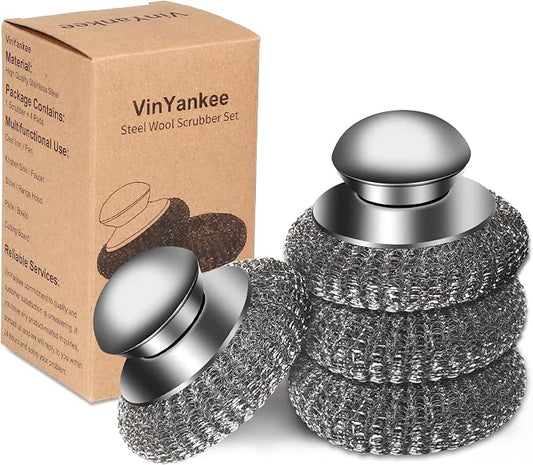 4pcs Steel Wool Scrubber with Replacement Wire Sponge Pads Set, Stainless Steel Scrubber with Handle for Scouring Stubborn Messes from Cast Iron, Pots, Pans, Grill, Stoves, Sink(2 Scrubber+2 Pads)