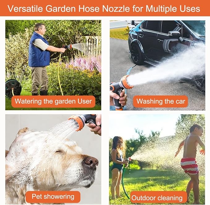 Garden Hose Nozzle Heavy Duty, High Pressure Adjustable 8 Patterns | Metal Water Hose Nozzle Volume Control Valve Attachment Hose Sprayer Nozzle for Outdoor Garden Watering Car Washing