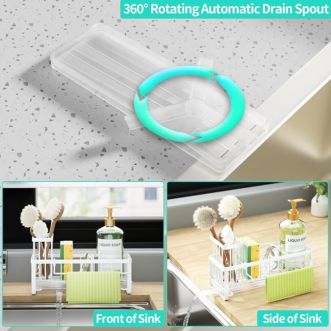 HapiRm Sponge Holder for Kitchen Sink - Self-draining Sink Caddy with Brush and Dishcloth Holders, Stainless Steel Kitchen Organizer for Countertop - White