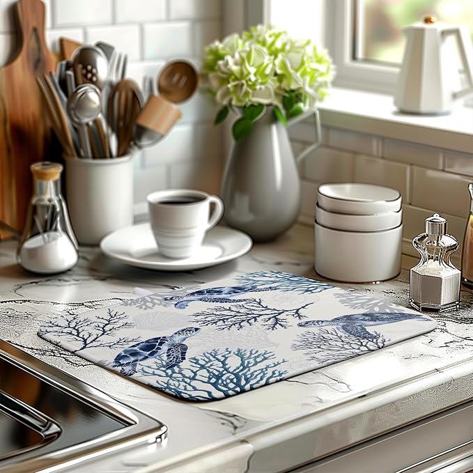 Nautical Coastal Dish Drying Mat Summer Beach Dish Pad for Kitchen Counter Ocean Coral Sea Turtle Absorbent Microfiber Dish Draining Reusable Washable Blue Dish Drainer Mat 16×18 Inch