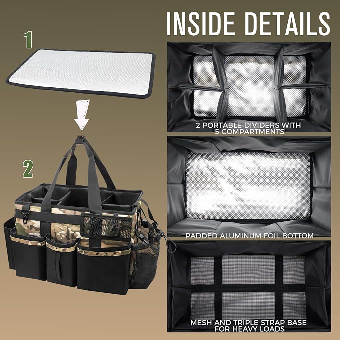 SCAVATA Wearable Cleaning Caddy Organizer with Handle & Shoulder Straps for Housekeepers, Under Sink & Car Cleaning Tool Organizer Bag with 4 Foldable Dividers (Camouflage)