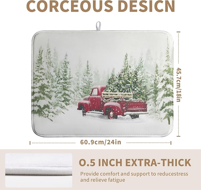 Christmas Dish Drying Mat Red Truck Xmas Tree Drying Mats for Kitchen Counter Winter Holiday Dishes Drainer Mats Absorbent Microfiber Dish Draining Pad Extra Large 18x24 Inch