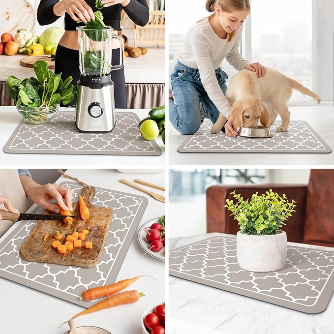 WISELIFE Dish Drying Mat Super Absorbent Drying Mat Large Dish Drying Mats for Kitchen Counter Easy Clean Dish Mat Kitchen Drying Mat16"x 24" Stylish Khaki