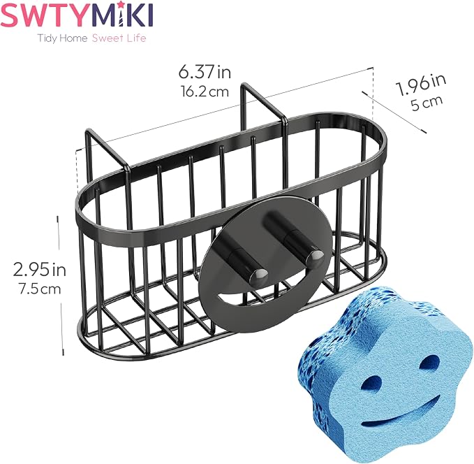 SWTYMIKI Sponge Holder for Kitchen Sink - Movable Sink Caddy with Smiley Face Sponge Holder, Rustproof Hanging Sponge Organizer in Double Bowl Sinks Depth>3.15in, Middle Divider<1.5in, Black