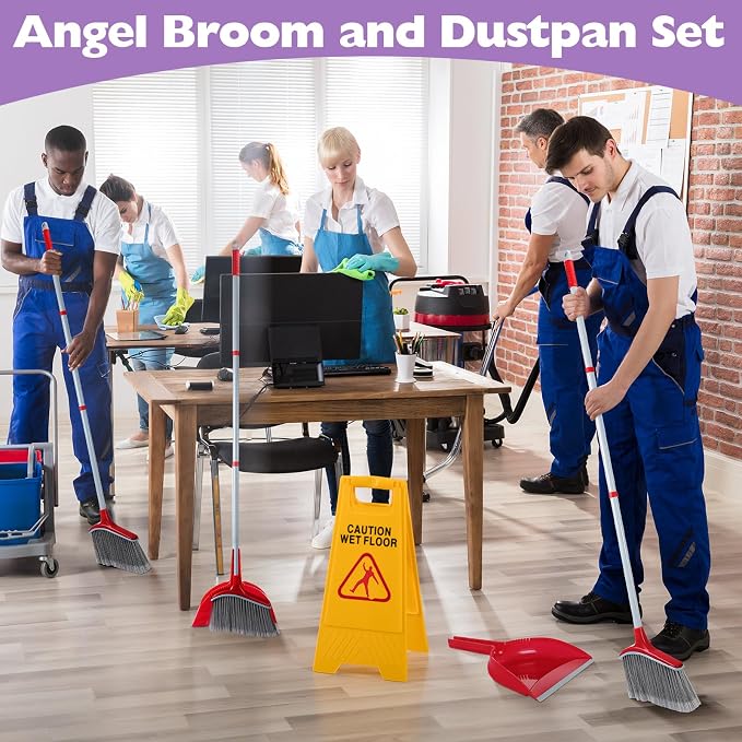 Meanplan 5 Pcs Angle Broom and Dustpan Combo Set for School Classroom 54'' Outdoor Indoor Cleaning Broom Commercial Broom with Step-on Dustpan for Home Kitchen Office Floor Dirt Dust Hair Cleaning