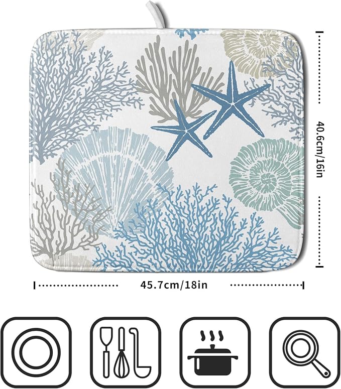 Nautical Dish Drying Mat for Kitchen Counter Coastal Seashell Starfish Summer Microfiber Absorbent Dish Draining Reusable Washable Foldable 16"x18"