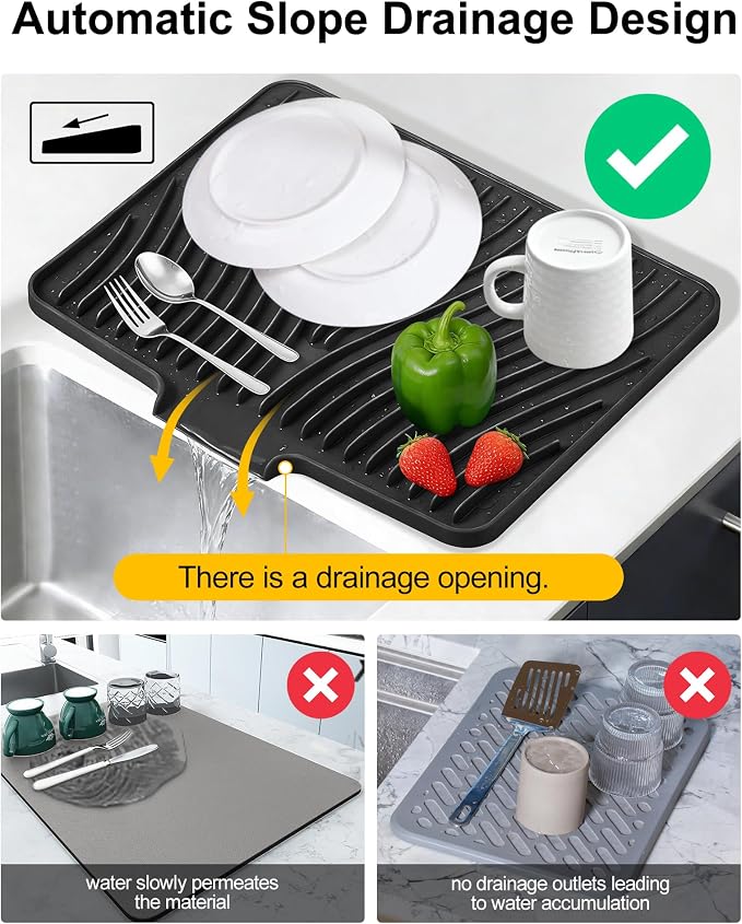 Silicone Dish Drying Mat for Kitchen Counter, Non-Slip Drain Pad with Built-in Drain, Heat Resistant Dish Drying Pad, Multi-Use Drying Mat, Dishwasher Safe & Hangable, Black, 19.7" x 15"