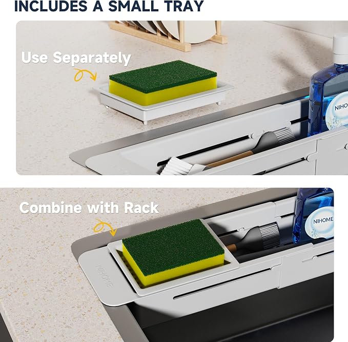 NiHome Extendable Over Sink Kitchen Organizer, Small Telescopic Brush Storage Rack for Sponge, Non-Slip Pads Expandable Sink Caddy, Adjustable Sponge/Brush Rack with Drainage Durable ABS (Gray)