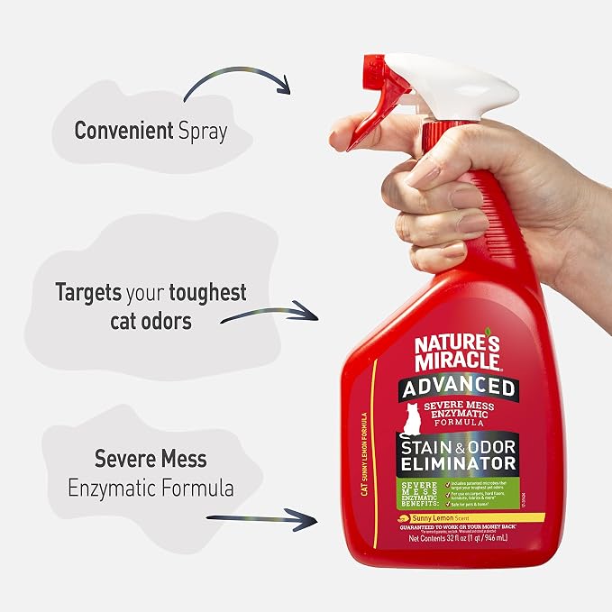 Nature’s Miracle Advanced Cat Stain & Odor Eliminator, Severe Mess, 32 oz | Enzymatic Cleaner Eliminates the Toughest Cat Messes, For Use on Multiple Surfaces, Safe For Pets and Home*, Fresh Scent