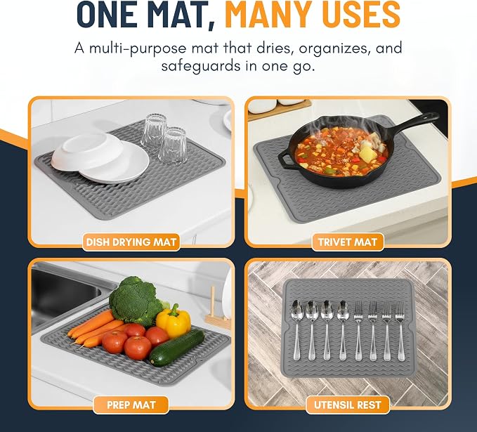 Silicone Dish Drying Mat for Kitchen Counter - Multi-Use 18 x 16 Inch Pad, Non-Slip & Heat-Resistant, Perfect Dish Drainer Mat by Linda’s Essentials, Ideal Kitchen Accessory (Gray)