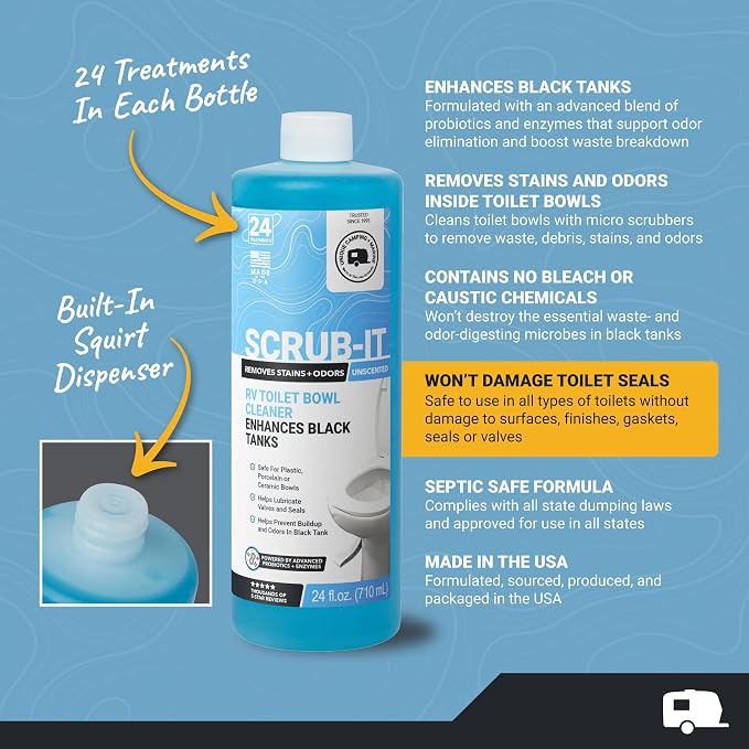 Unique Scrub-It Liquid RV Toilet Cleaner & Brush Bundle, 24 oz 2-Pack | Includes 2 liquid cleaners & silicone brush for stains, odors, debris, & routine RV toilet bowl care