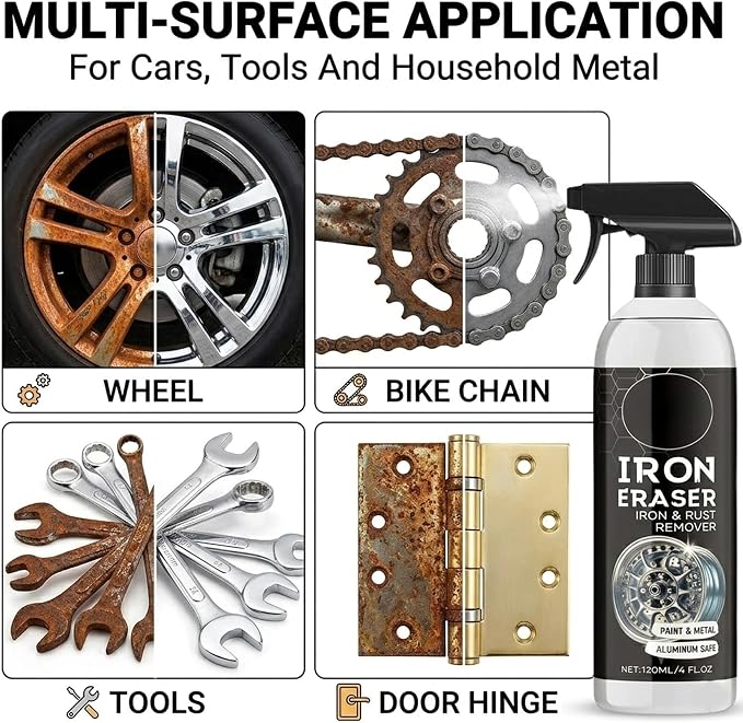 Rust Remover - Rust Remover Spray, Heavy Duty Rust Remover for Metal, Iron Eraser Iron and Rust Remover for Car Wheels, Bike Chains, Garden Tools & Iron Surfaces, Works on Steel Iron Chrome Aluminum | Professional Rust Remover for Metal, Iron Eraser Ir...