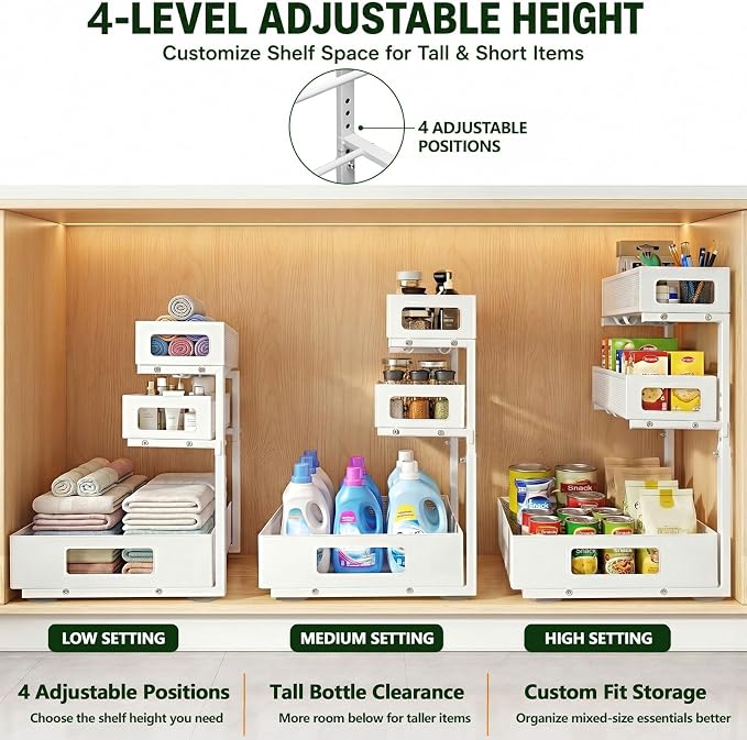 3 Tier Under Sink Organizer,2 Pack Pull Out Cabinet Shelves with Adjustable Height,Heavy Duty Carbon Steel L-Shaped Storage for Kitchen Bathroom Sink,Pantry & Laundry,White