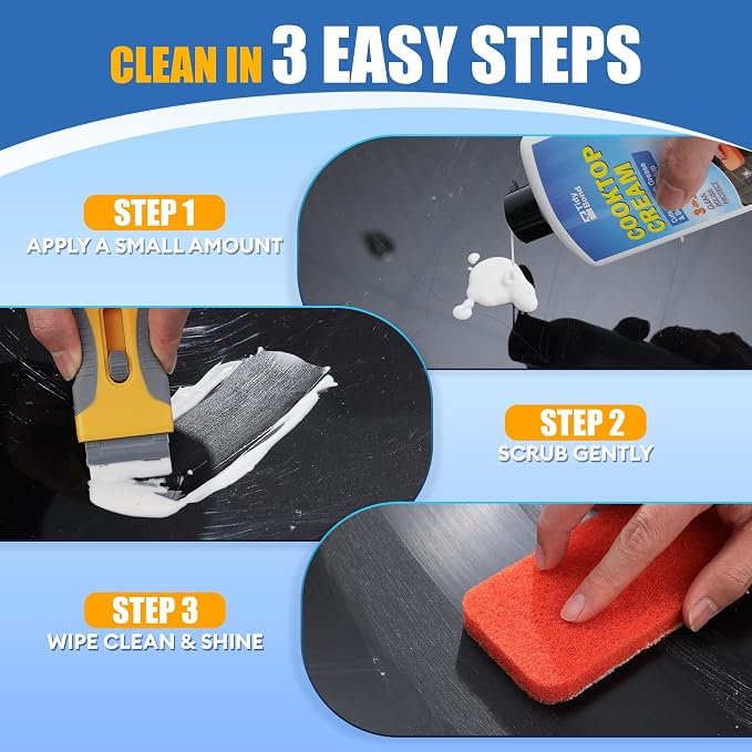 Glass Cooktop Cleaner & Polish Kit – Heavy Duty Stove Top Cleaner with Scraper & Scrubbing Pad, Removes Burnt-On Food, Grease & Tough Stains, Safe for Induction, Electric & Ceramic Cooktops – 8.8 oz