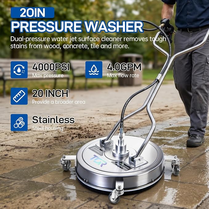 TOR 20" Pressure Washer Surface Cleaner with 4 Wheels, Surface Cleaner for Pressure Washer, Stainless Steel Dual Handle Power Washer Surface Cleaner for Concrete, Driveway, Patio, Sidewalk