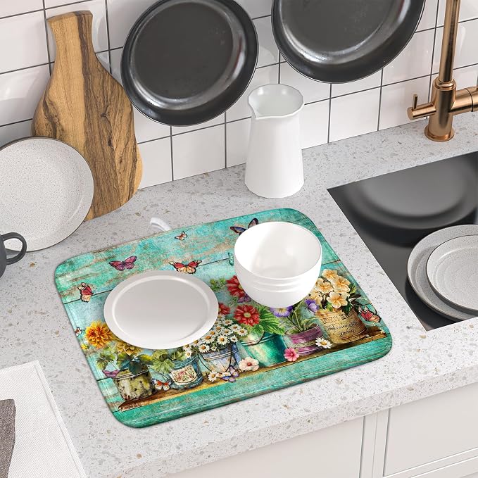 Flower Dish Drying Mat for Kitchen Counter 16x18 Inch Rustic Vintage Microfiber Absorbent Dishes Drainer Mats