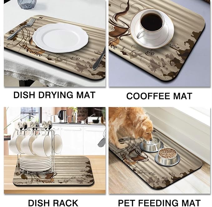 Fun Coffee Mat, 23inx15in, Absorbent Hide Stain Anti-Slip Coffee Bar Accessories, Dish Drying Mat for Kitchen